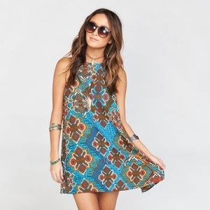 Show Me Your Mumu Katy Halter Mini Dress Blue Brown 70s Style Print Small Boho